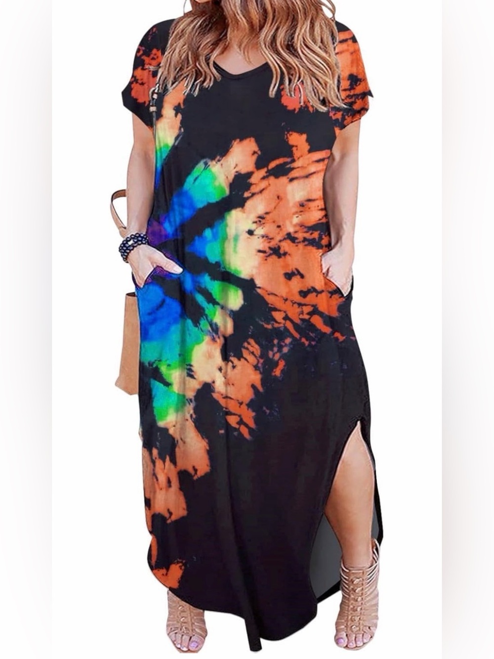 Black & White Tie-Dye V-Neck Maxi Dress
